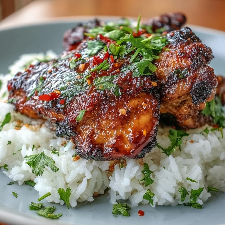 Seared spicy maple chicken with a sticky glaze, served over creamy coconut rice and topped with cilantro.