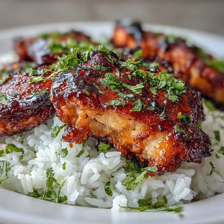 Spicy maple chicken with a glossy glaze on coconut rice, lime wedges on the side for serving.