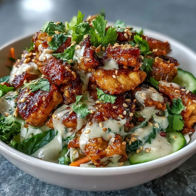 A close-up side shot of a savory Bang Bang Chicken Bowl, highlighting the creamy white sauce drizzling over crispy chicken, carrots, and fresh cucumbers in a colorful serving bowl.