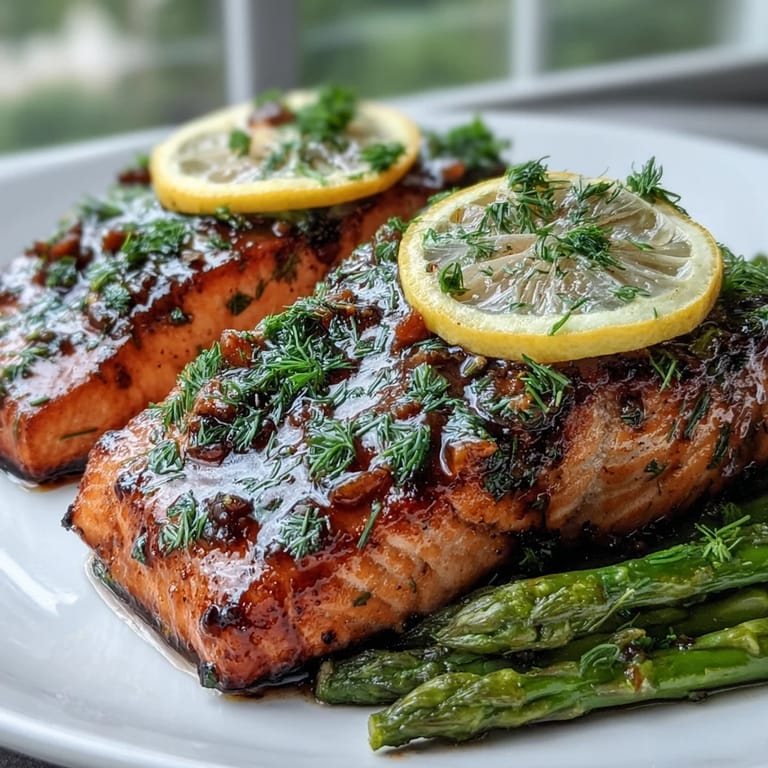 Fork-flaked Marry Me Salmon plated with roasted asparagus and a fresh dill garnish for a romantic dinner.