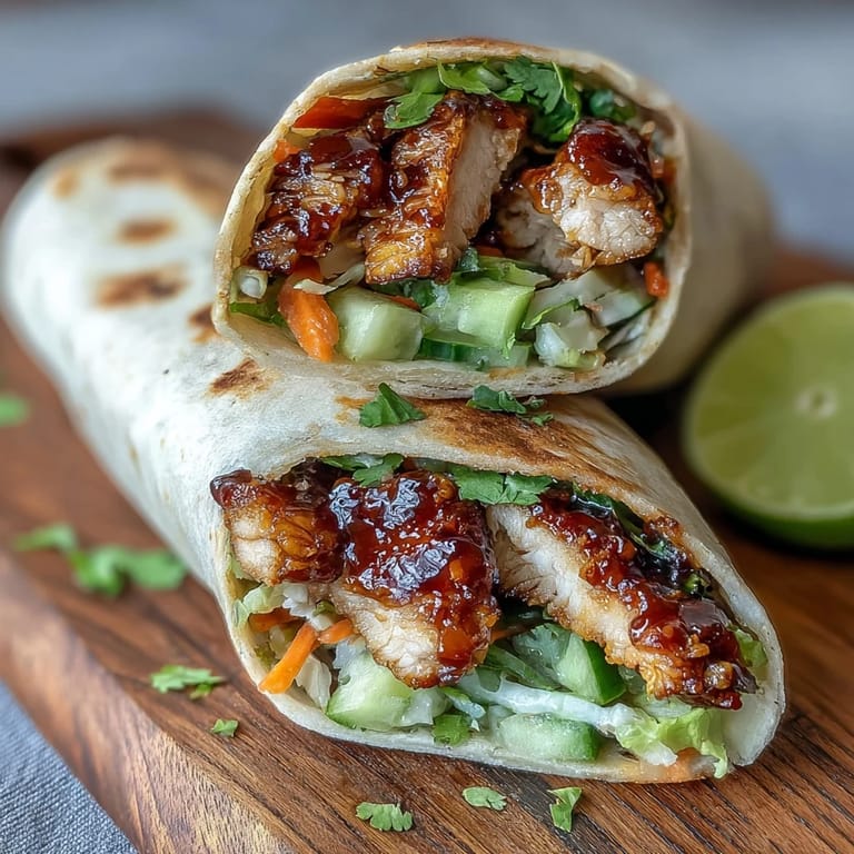 Sliced Sweet Chili Chicken Wraps showcasing juicy chicken strips and fresh cilantro, served with lime wedges.
