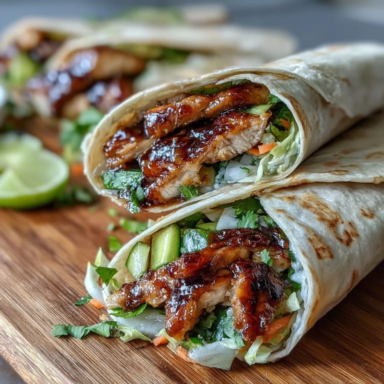 Assembled Sweet Chili Chicken Wraps filled with colorful vegetables and tender marinated chicken for a quick lunch.