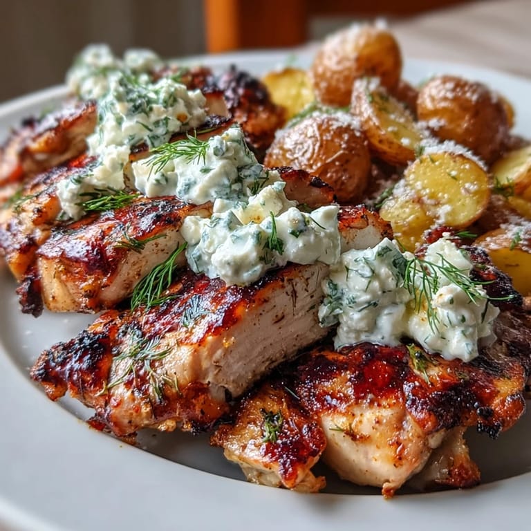 Grilled Spicy Yogurt Marinated Chicken topped with creamy Dill Feta Cream, served with golden Crispy Baby Potatoes.