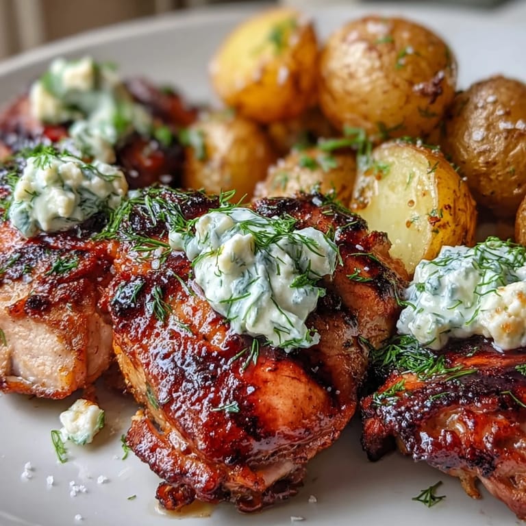 Mediterranean-inspired Spicy Yogurt Marinated Chicken with Dill Feta Cream & Crispy Baby Potatoes ready for dinner.