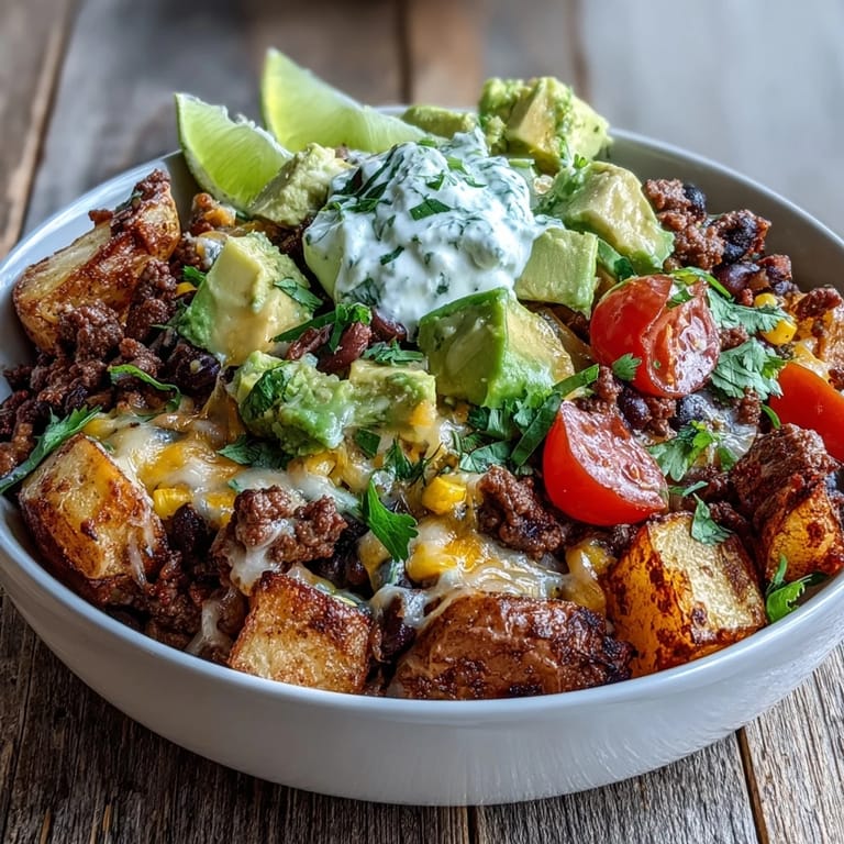 Spoon into a colorful Loaded Potato Taco Bowl, garnished with cilantro and juicy tomatoes, served with lime wedges on the side.