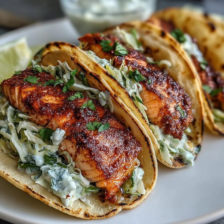 Flaky chili-rubbed air fryer salmon piled high in warm corn tortillas with crunchy lime-spiked slaw and fresh cilantro garnish.