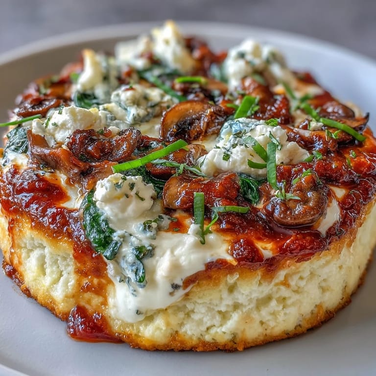 A low-carb Cottage Cheese Pizza Bowl is served hot, garnished with fresh basil, olives, and diced onions.