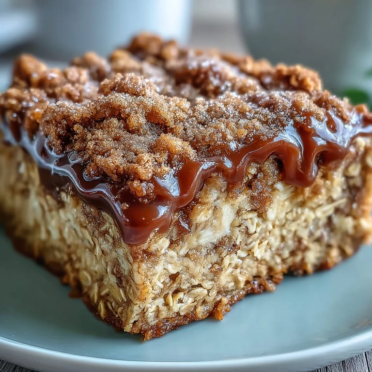 A single slice of High-Protein Cinnamon Swirl Coffee Cake Oats being lifted, revealing warm cinnamon swirls and a hearty, baked texture perfect for breakfast.