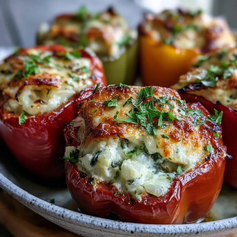 Freshly baked Garlic Parmesan Chicken Stuffed Peppers revealing tender peppers and a rich Parmesan sauce.