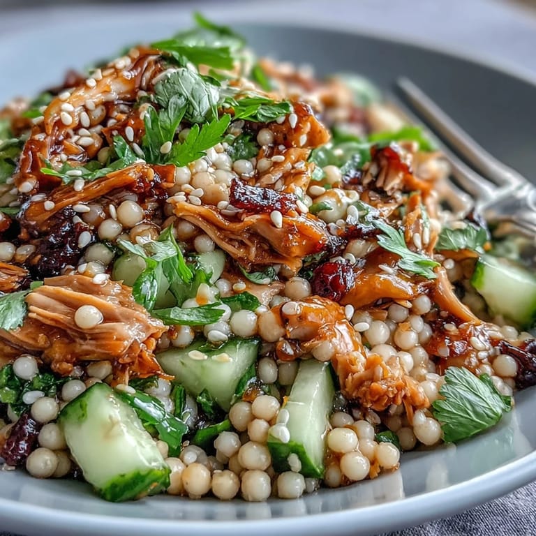 Bright overhead shot of Asian Sesame Chicken Couscous Salad with shredded chicken and crisp cucumber slices on a wooden board.