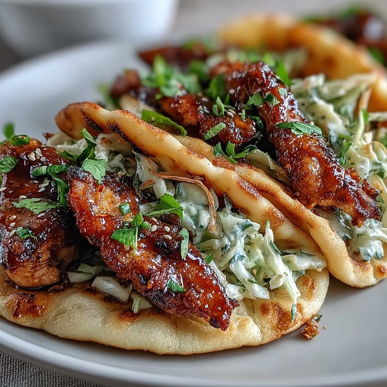 Crisp purple and green cabbage slaw crowns glazed chicken nestled inside soft, buttery naan for these irresistible fusion tacos.