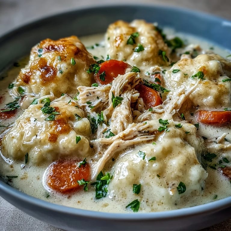 Serving of Slow Cooker Ranch Chicken & Dumplings in a white bowl, garnished with fresh parsley and a spoon ready to enjoy.