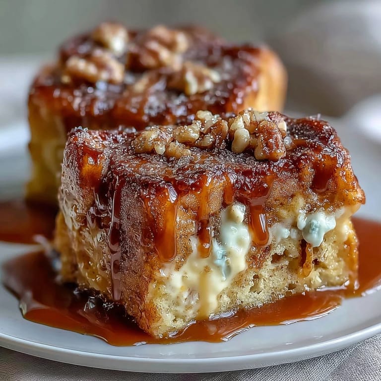 A close-up of warm Caramel Cream Cheese French Toast Casserole revealing layers of soft brioche and cream cheese.
