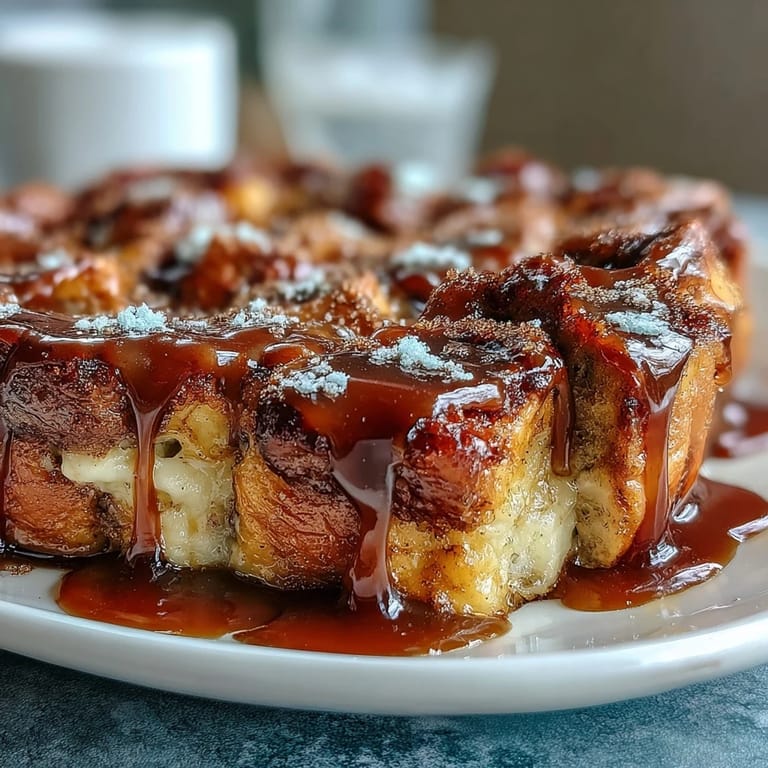 Freshly baked Caramel Cream Cheese French Toast Casserole served for brunch with a side of sweet berries.