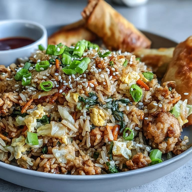 Scrambled eggs and savory minced chicken mixed into this one-pan Crispy Chicken Fried Rice with Egg Roll Flavors.