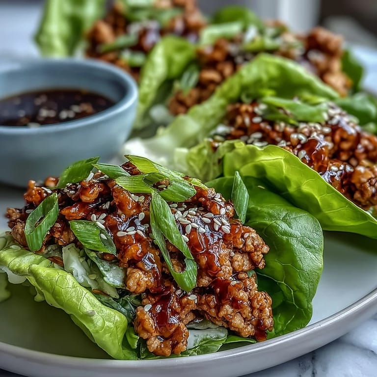 Tender ground chicken and crisp veggies in Potsticker-Inspired Chicken Lettuce Boats, ready to dip in a spicy sauce.
