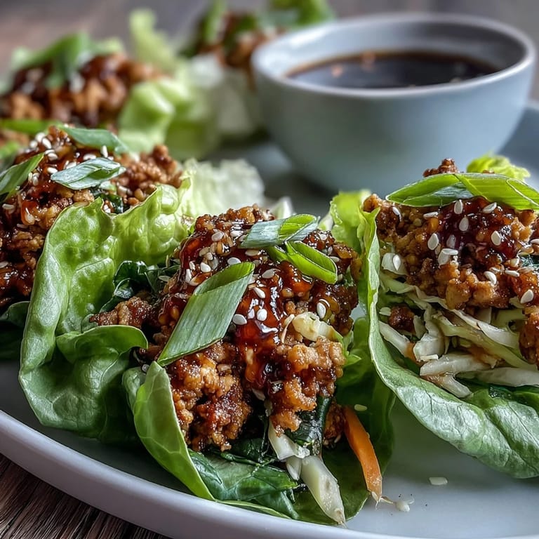 Fresh, low-carb Potsticker-Inspired Chicken Lettuce Boats served with a tangy Asian dipping sauce on a white plate.