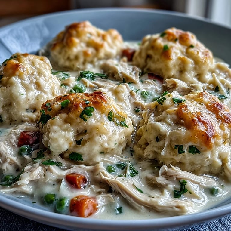 Hearty Slow Cooker Ranch Chicken & Dumplings served in a rustic bowl garnished with fresh parsley.