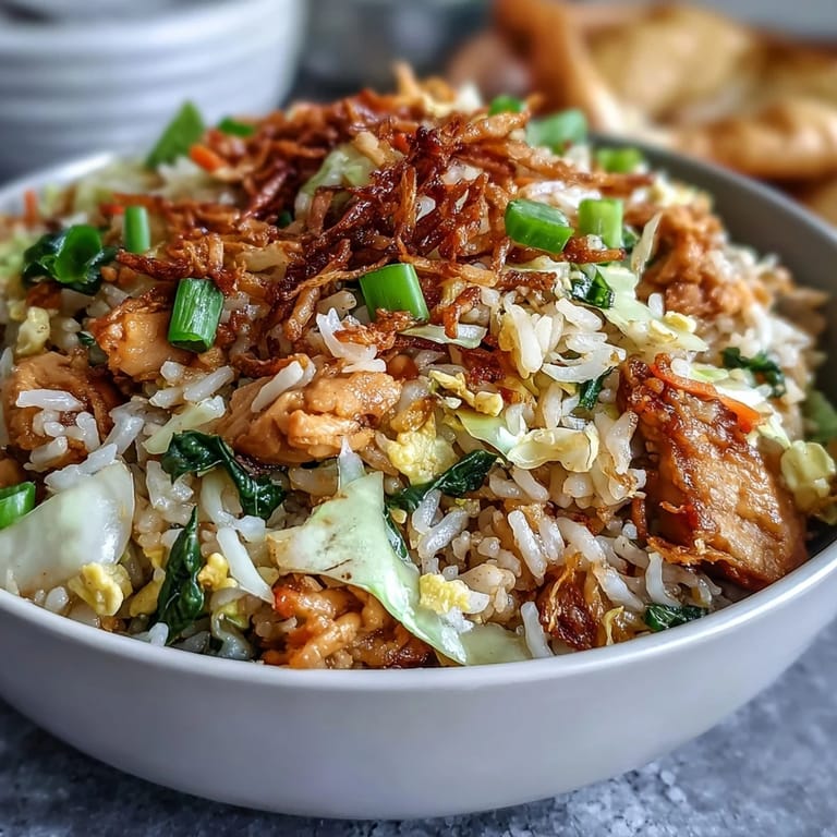 Wok-tossed Crispy Chicken Fried Rice with vibrant cabbage, carrots, and minced chicken ready for dinner.