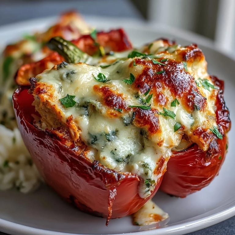 Savory Garlic Parmesan Chicken Stuffed Peppers served hot alongside fresh salad greens.