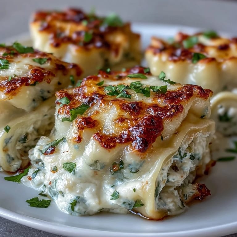 Six Garlic Butter Lasagna Roll-Ups on a white plate, drizzled with garlic butter, next to fresh basil.
