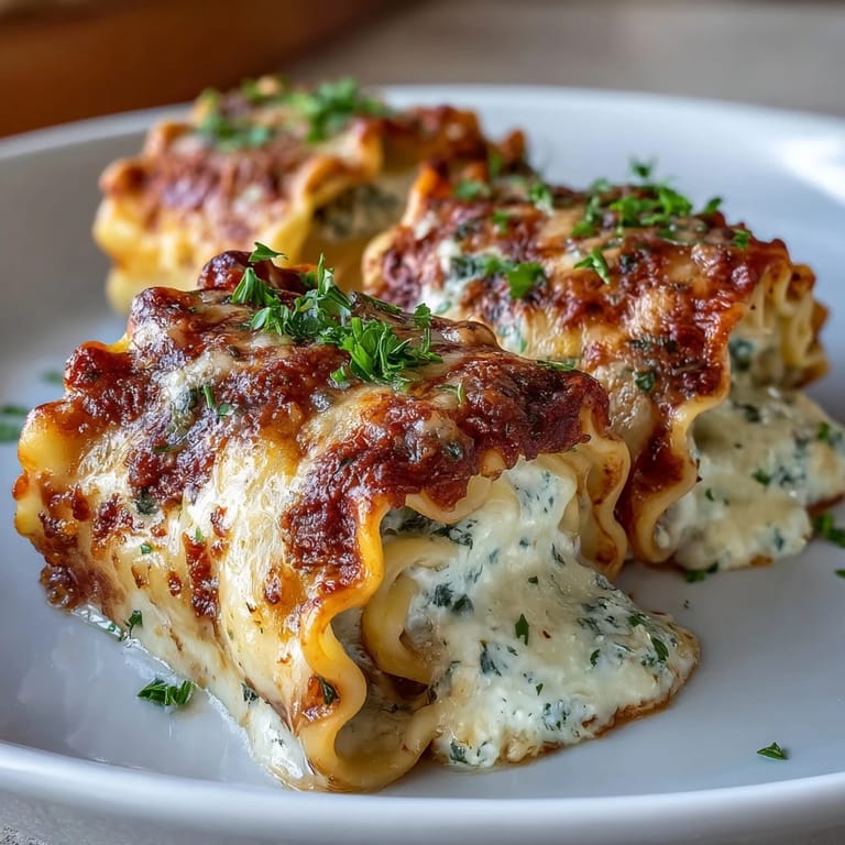 Overhead view of Garlic Butter Lasagna Roll-Ups stuffed with spinach and ricotta, ready to be served.