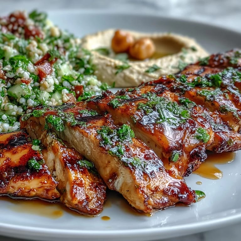 Overhead view of Mediterranean Grilled Chicken with Hummus and Tabbouleh, featuring a vibrant salad and creamy dip.