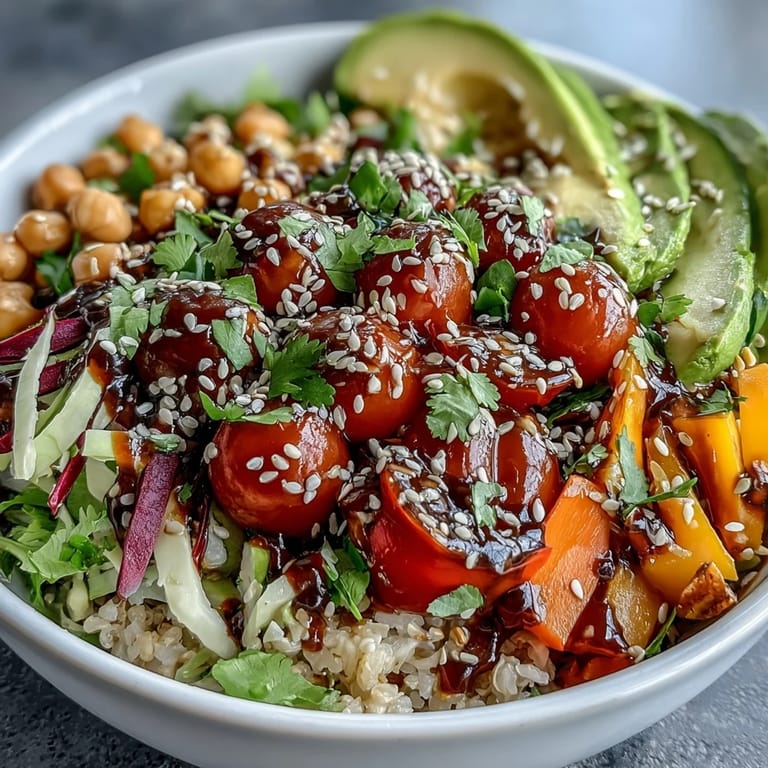 Colorful shredded carrots and red cabbage top this nourishing Rainbow Veggie Buddha Bowl with Sesame Ginger Dressing, garnished with sesame seeds.