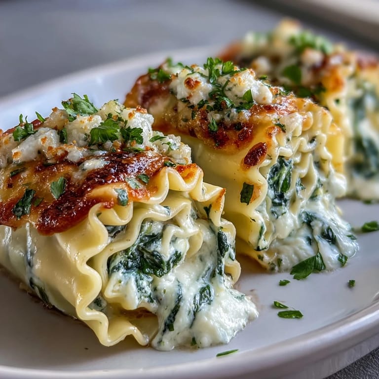 Close-up of Garlic Butter Lasagna Roll-Ups with creamy ricotta and spinach filling, drizzled with garlic butter.