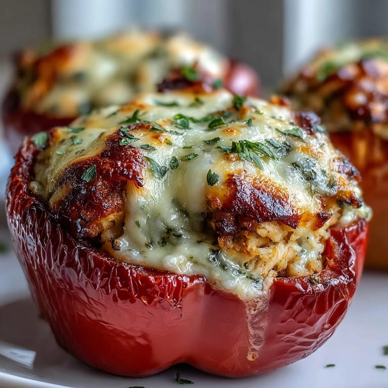 Garlic Parmesan Chicken Stuffed Peppers with bubbling mozzarella and golden edges from baking.