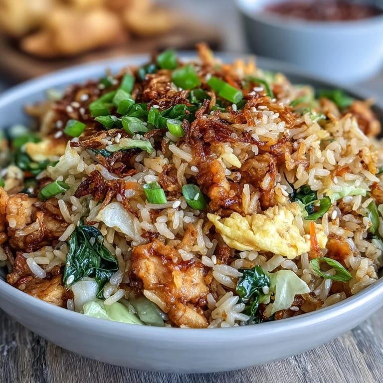 A generous serving of Crispy Chicken Fried Rice topped with crunchy fried onions and scrambled egg ribbons.
