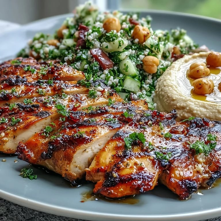 Sliced Mediterranean Grilled Chicken with Hummus and Tabbouleh garnished with fresh parsley and lemon wedges.