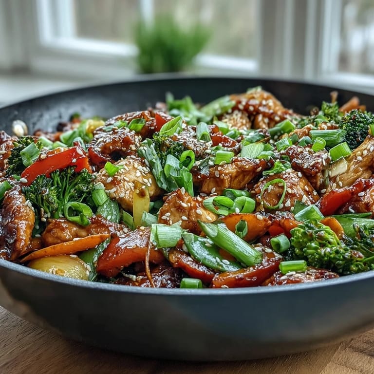 Ready-to-serve High-Protein Chicken and Veggie Stir-Fry garnished with spring onions, perfect over steamed brown rice.