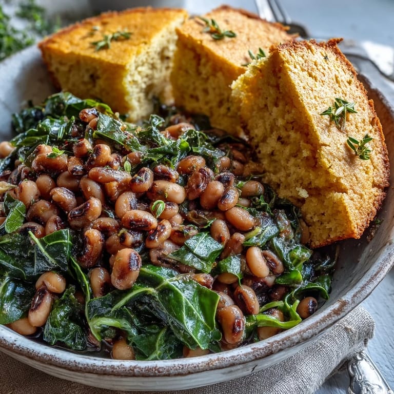 Southern black-eyed peas and tender collard greens in a rich, savory stew, perfect for New Year's luck.  
