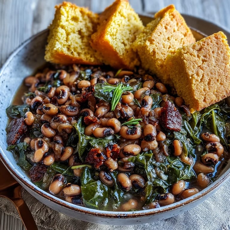Flavorful black-eyed peas with collard greens and cornbread, a comforting Southern classic for any occasion.