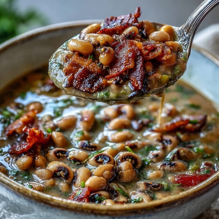A steaming pot of Texas black-eyed peas featuring crispy bacon, garlic, and chili powder for a comforting dish.