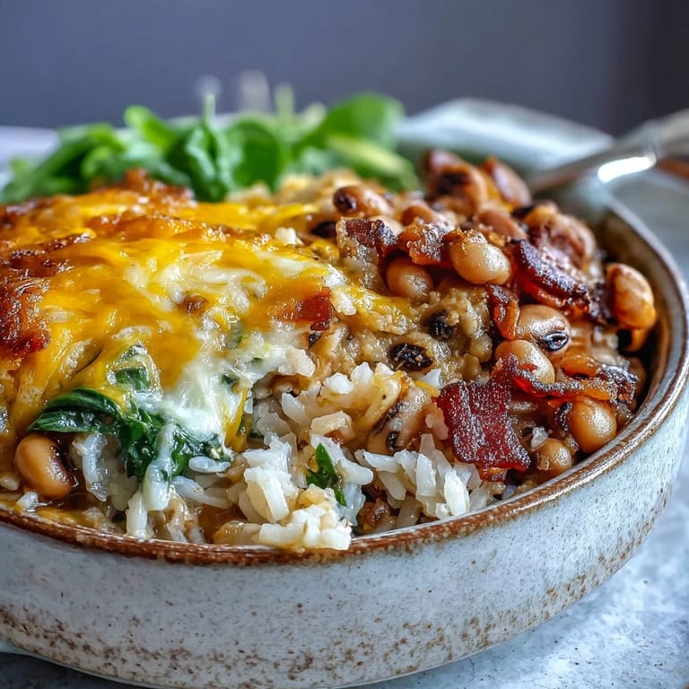 Southwestern-style Tex Mex Black Eyed Pea Casserole with tender rice, zesty tomatoes, and fresh spinach.