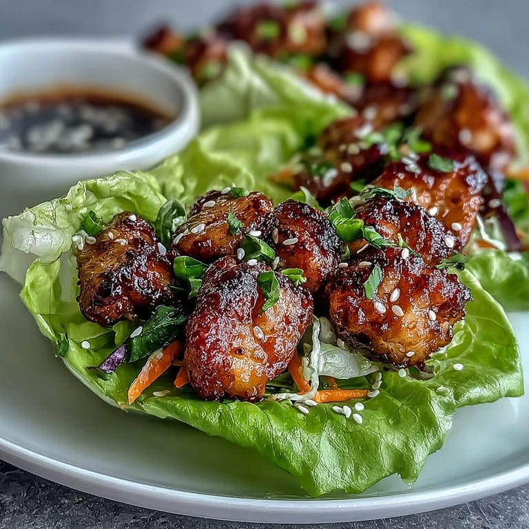 Savory ginger-chicken mixture with caramelized edges spooned into crisp butter lettuce cups for a low-carb meal.  