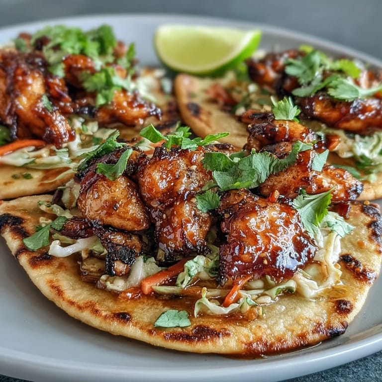 Fusion naan chicken tacos with juicy honey-garlic glazed chicken, crunchy slaw, and zesty lime.  