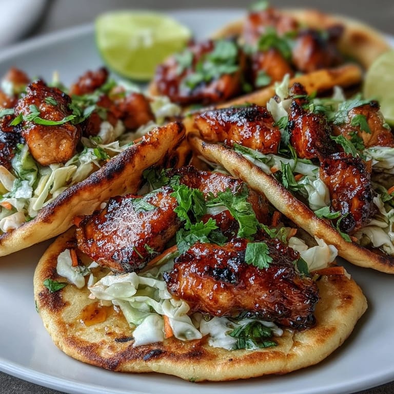 Flavorful honey-garlic chicken wrapped in soft naan, topped with vibrant slaw and a squeeze of lime.