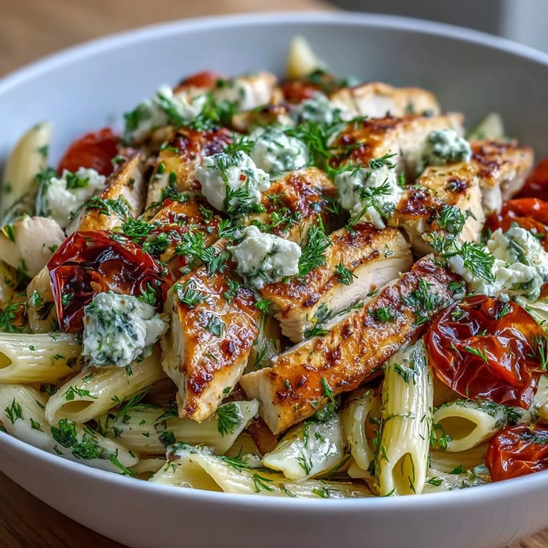 Flavorful roasted garlic and feta chicken pasta served with juicy cherry tomatoes and fragrant parsley.