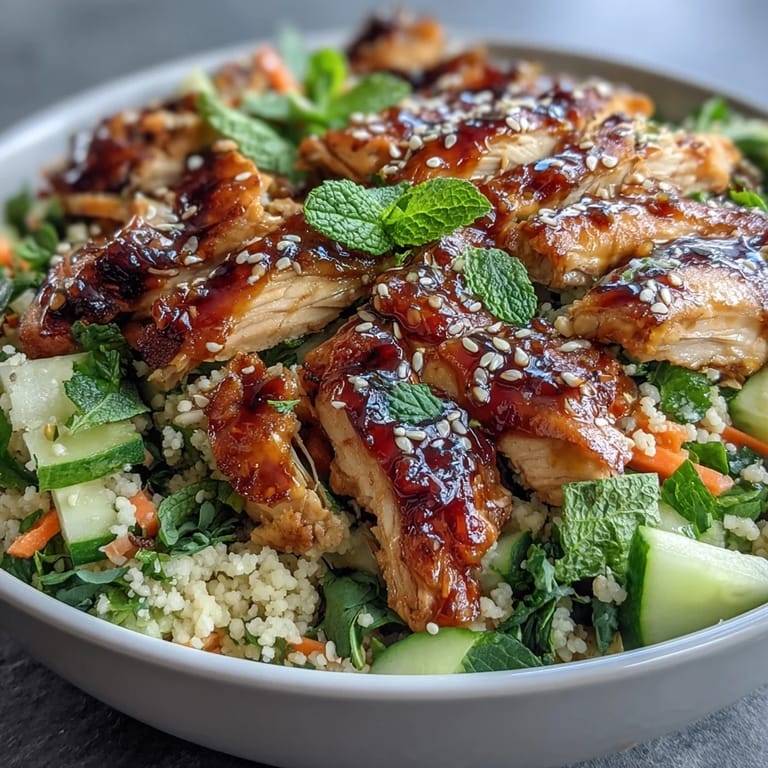 Vibrant Asian Sesame Chicken Couscous Salad featuring juicy rotisserie chicken, colorful vegetables, and a zesty sesame-ginger dressing for a quick, satisfying meal.  