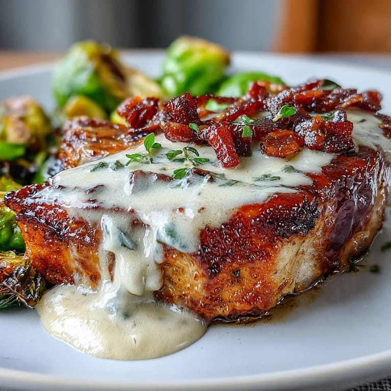 Succulent pork chops seared to perfection and smothered in creamy Dijon sauce, paired with golden roasted Brussels sprouts for a hearty, low-carb dinner.