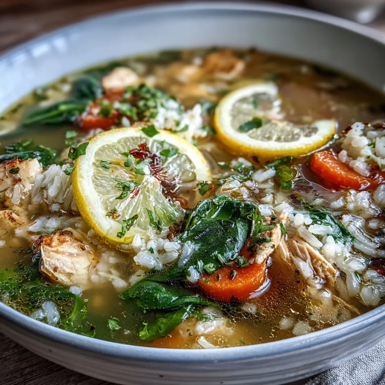 Vibrant bowl of lemon chicken rice soup featuring juicy chicken, fluffy rice, and colorful vegetables, garnished with parsley.