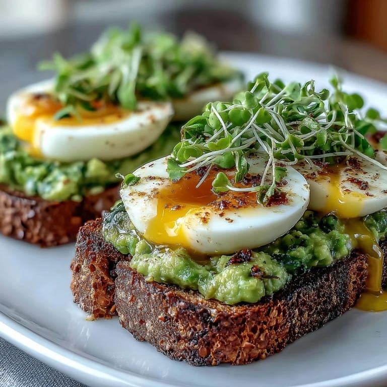 Vibrant avocado toast topped with soft-boiled egg and fresh microgreens, a healthy breakfast featuring whole grain toast, creamy avocado mash, and a touch of lemon zest.