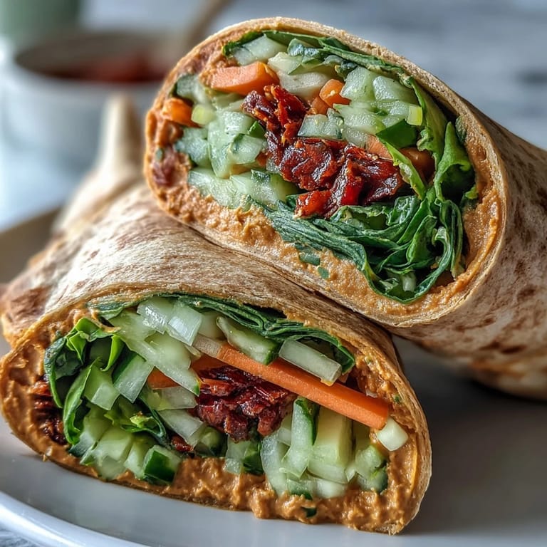 Protein-packed vegan wraps with sun-dried tomato hummus, cucumber, and fresh herbs, perfect for a nutritious lunch.