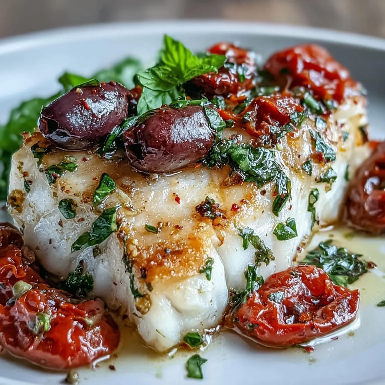 Healthy Mediterranean baked cod topped with vibrant tomatoes, capers, and lemon zest, served with fresh herbs.