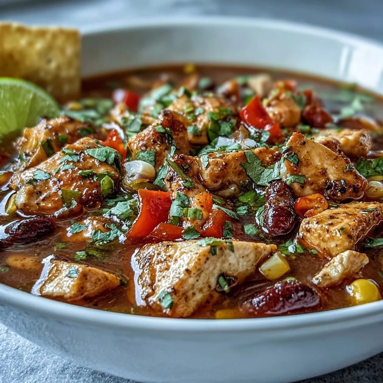 A hearty, protein-rich soup with diced chicken, black beans, and vibrant bell peppers, simmered in bold taco spices.  