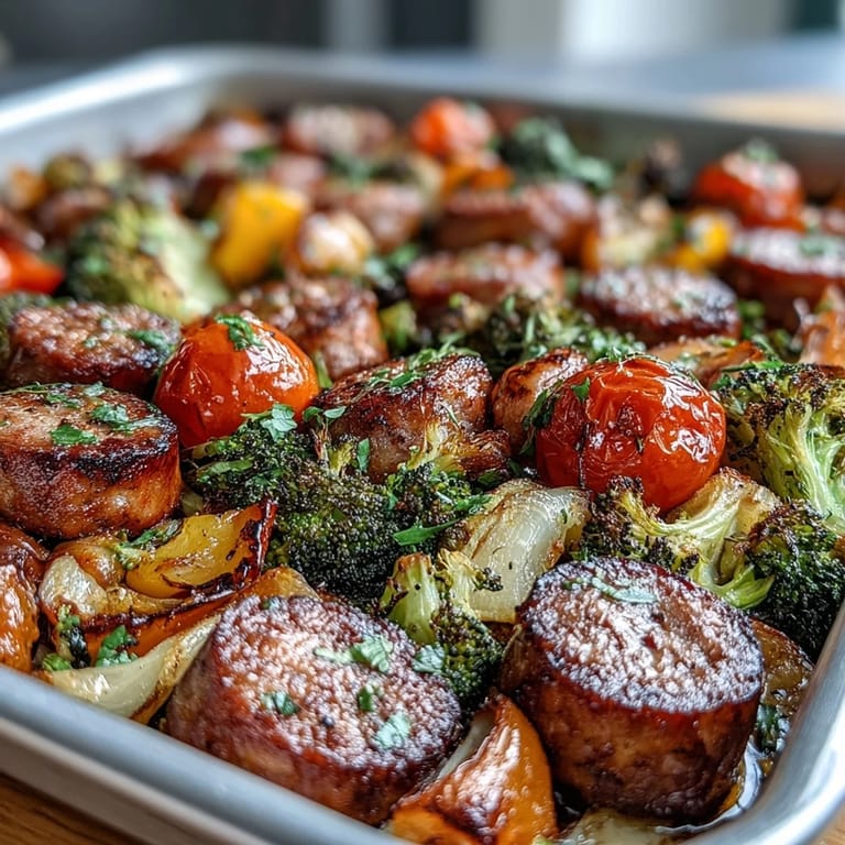 Healthy sheet pan sausage and veggie dinner with caramelized edges and vibrant seasonal produce.  