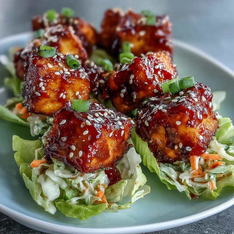 Asian-inspired tofu lettuce cups topped with colorful veggie slaw and sesame seeds, offering a refreshing and flavorful vegan appetizer.